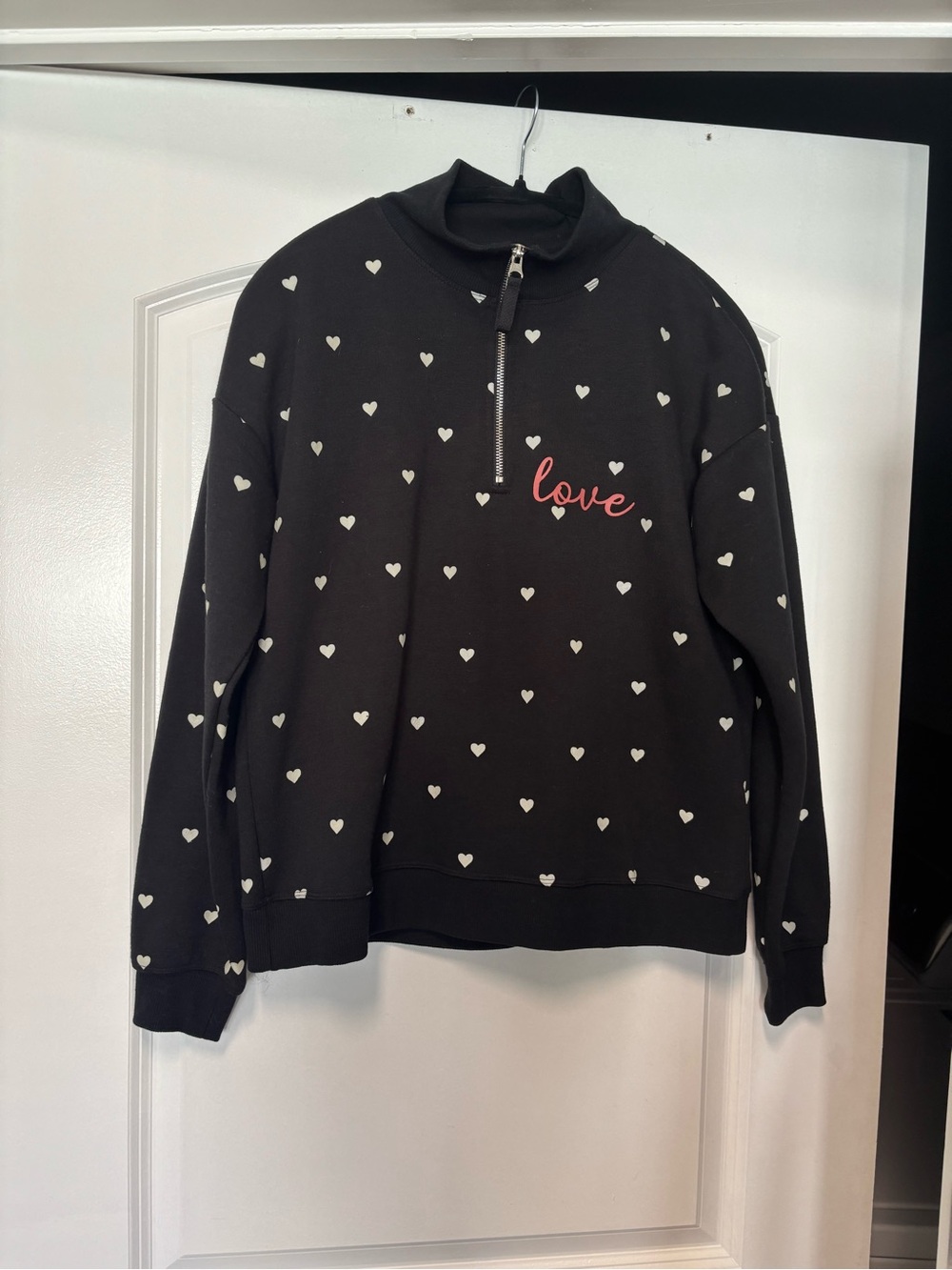 Cynthia Rowley Black Heart Print Quarter-Zip Sweatshirt with Red "Love"